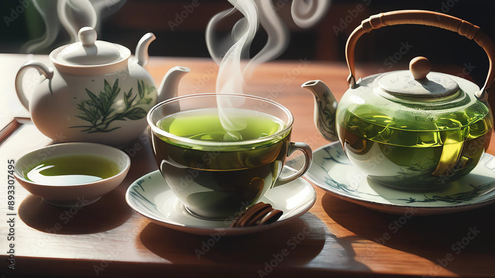 a hand drawn painting of a cup of steaming hot green tea kept on a clean table along with a teapot and a saucer. Highly detailed crisp photo in 4k, wide-angle, sharp, vibrant, vivid. a hand drawn painting of a cup of steaming hot green tea kept on a clean table along with a teapot and a saucer. Highly detailed crisp photo in 4k, wide-angle, sharp, vibrant, vivid.