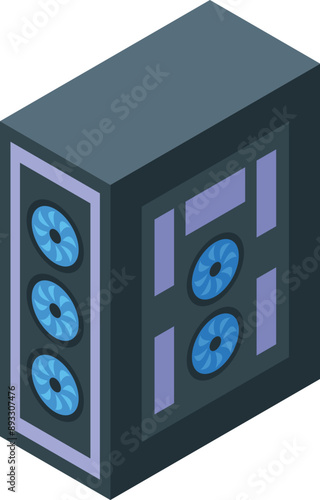 Crypto currency mining rig isometric icon illustrating cryptocurrency mining using blockchain technology to generate digital currency