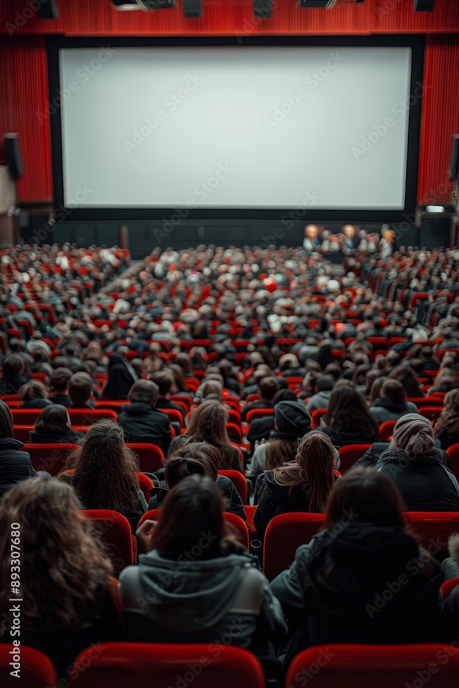© pornsawan - People in the cinema auditorium with Cinema blank wide screen and red chairs in the cinema hall,People silhouettes watching movie performance,empty white screen,space for text.