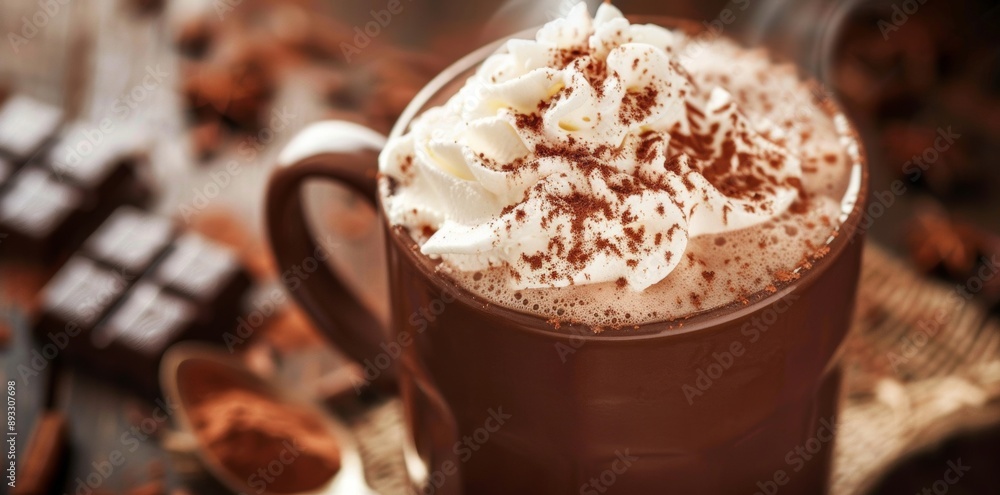 A mug of hot chocolate steams invitingly, topped with a generous swirl of whipped cream and a sprinkle of cocoa. A mug of hot chocolate steams invitingly, topped with a generous swirl of whipped cream and a sprinkle of cocoa.