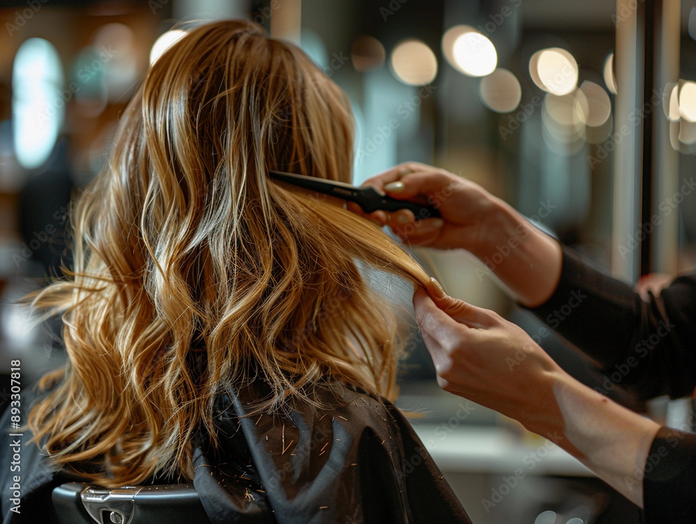 Naklejka premium Woman Getting Her Hair Styled In A Salon