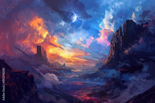 Fantasy landscape with vibrant clouds and lava river