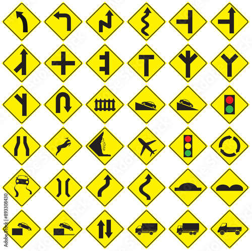 thirty six icon set of traffic signs black symbols on a yellow background