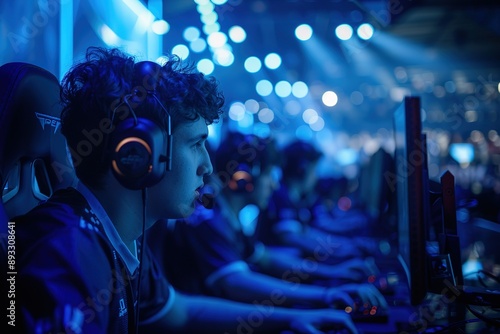 A side view of an e-sports arena, with a row of focused team members
