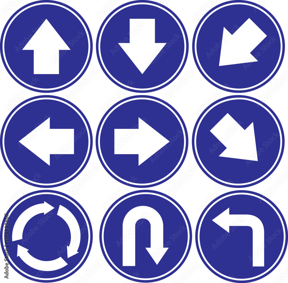 command signs, icon set of white directions on a blue circle background command signs, icon set of white directions on a blue circle background