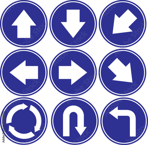 command signs, icon set of white directions on a blue circle background
