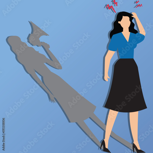 Businesswoman shadow yelling to himself with megaphone concept illustration, negative critic thinking to blame your self, depressed businesswoman self shadow blame with megaphone