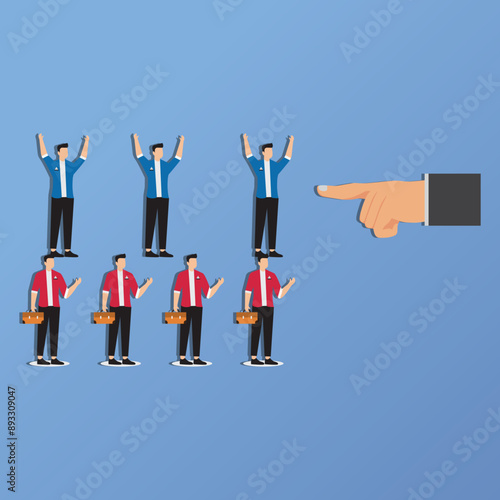 Candidate selection to find professional employees, choosing employee candidates for job position, human resources concept, professional businessman pointing at chosen candidate for job position