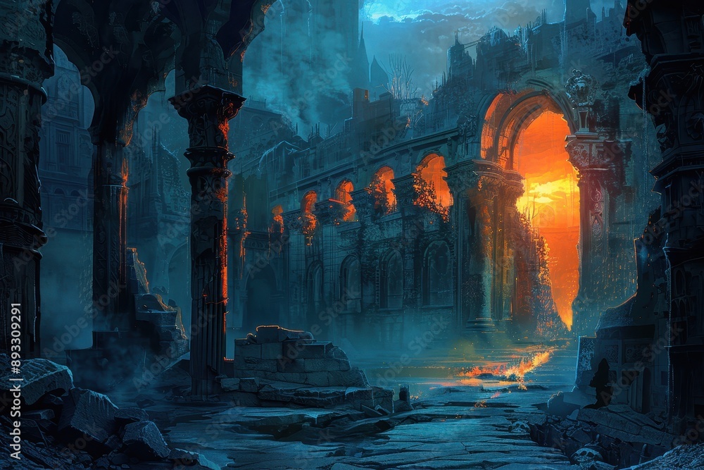 Ancient ruins of a forgotten city illuminated by a mysterious orange glow Ancient ruins of a forgotten city illuminated by a mysterious orange glow
