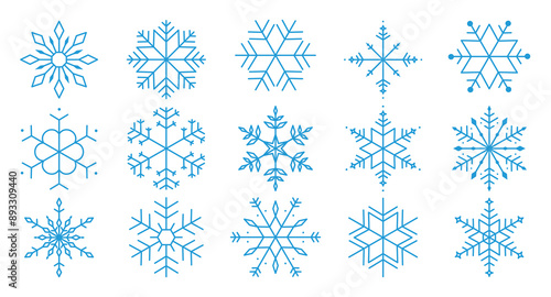 Set of snowflakes linear vector icon. Geometric snowflake shape, nature and winter related vector symbol hand drawn contour collection. Line art illustration design for logo, sticker, christmas.