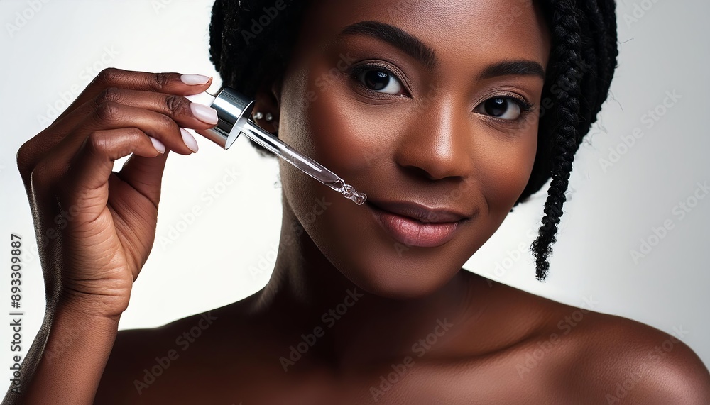 Obraz premium Brown Skinned Woman holding a Pipette with Skincare Serum - Applying Serum to her Face - Hyaluronic Acid, Anti Aging, Moisturiser, Repair, Hydrating, Vitamin, Ascorbic, Retinol, Exfoliant, Azelaic