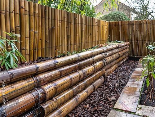 Winter Wonderland: Bamboo Fence Screening in Wooden Railway Sleeper Raised Beds in Billericay, Essex photo