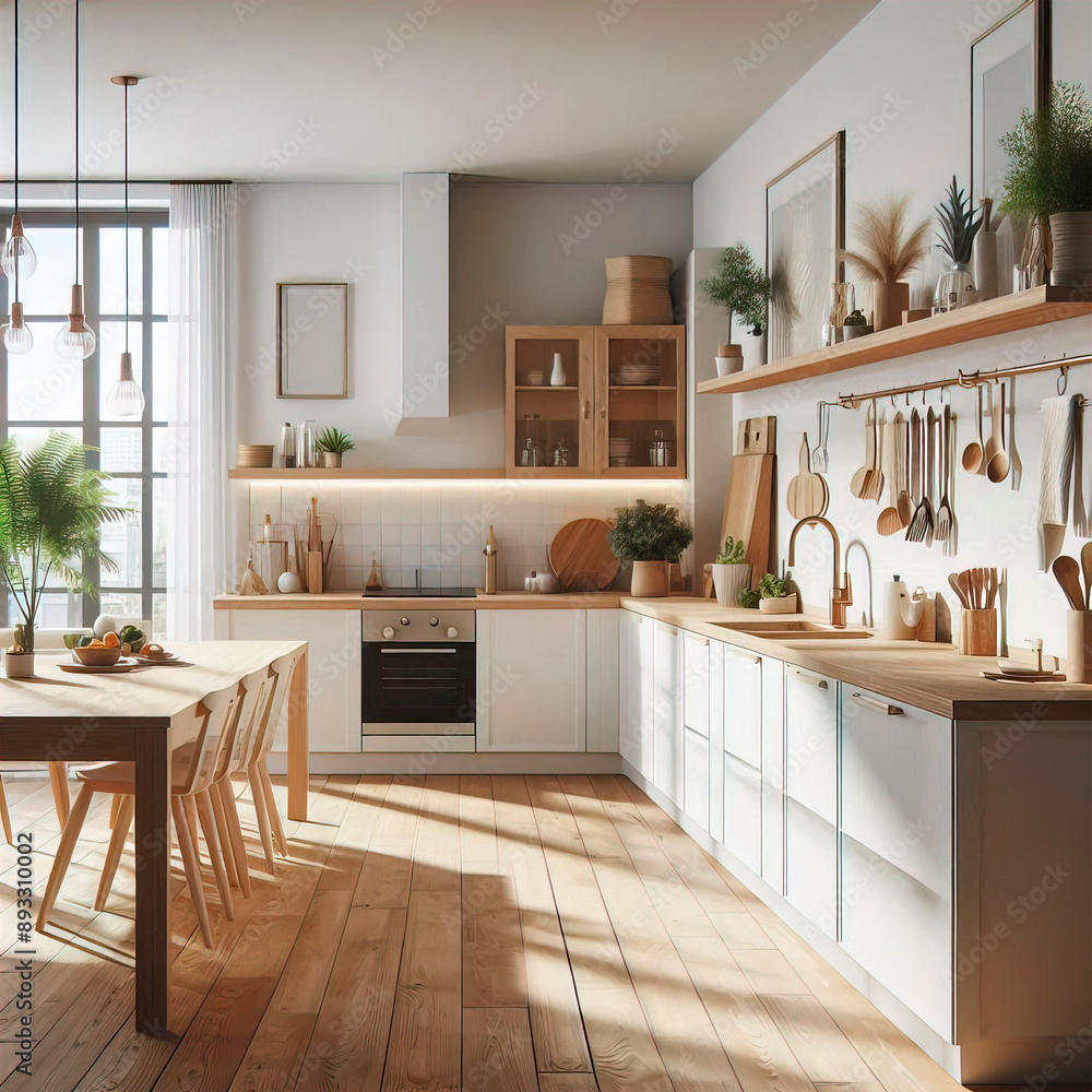 Fototapeta premium Kitchen interior modern house white room bright house design furniture. Wooden kitchen interior 