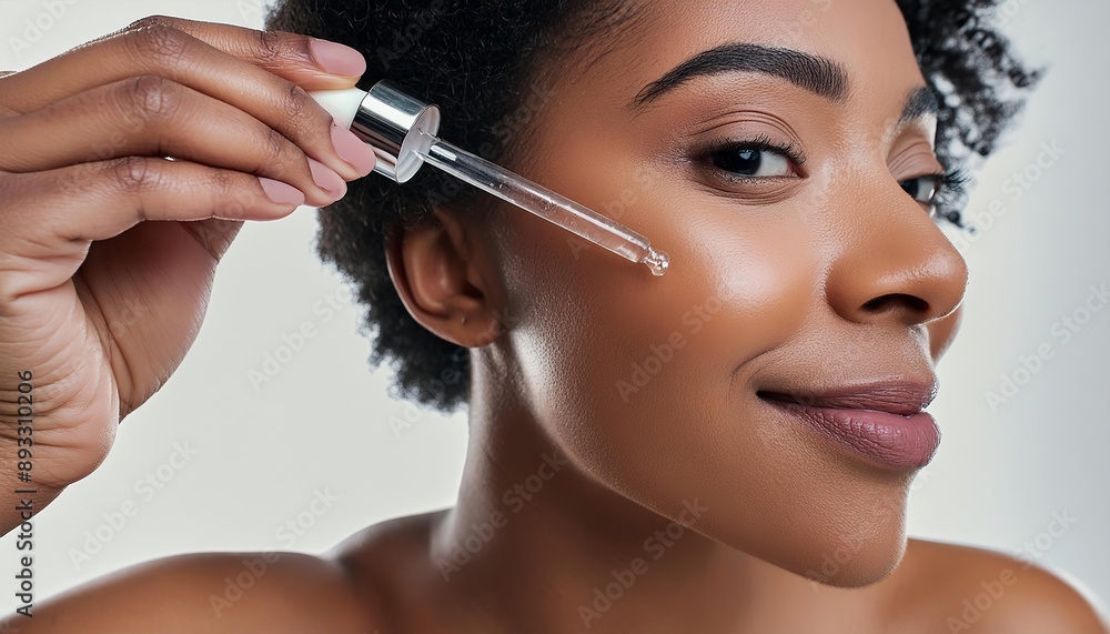 Obraz premium Brown Skinned Woman holding a Pipette with Skincare Serum - Applying Serum to her Face - Hyaluronic Acid, Anti Aging, Moisturiser, Repair, Hydrating, Vitamin, Ascorbic, Retinol, Exfoliant, Azelaic