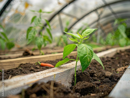 Growing Bell Pepper Seedlings in a Homemade Greenhouse: Elevated Garden Beds with Arches and Coverin photo