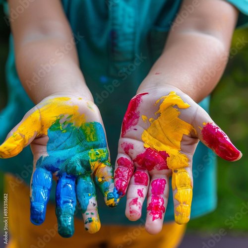 Children painted hands, bright color finger paints on kids palms, preschool and creativity Generative AI