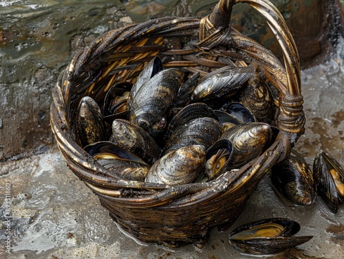 Gathering Fresh Mussels: Close-up of Basket with Detailed Shells and Textures