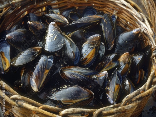 Close-Up Harvesting of Mussels in Basket with Detailed Shells and Textures