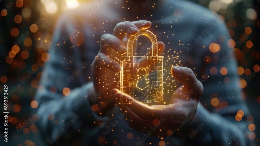 Holographic lock held with sparkles lighting up the frame Holographic lock held with sparkles lighting up the frame