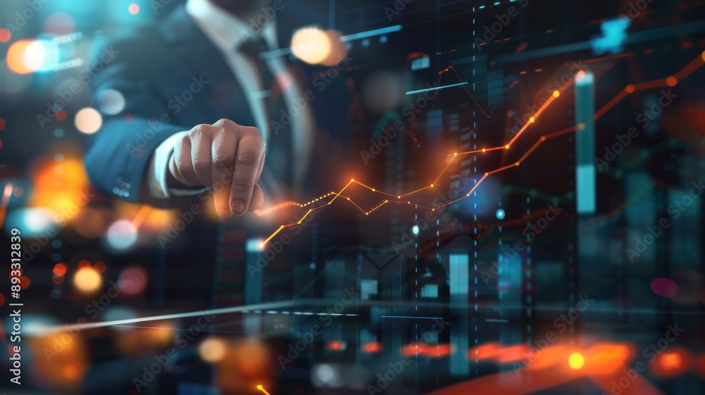 Businessman interacting with futuristic data interface. Businessman interacting with futuristic data interface.