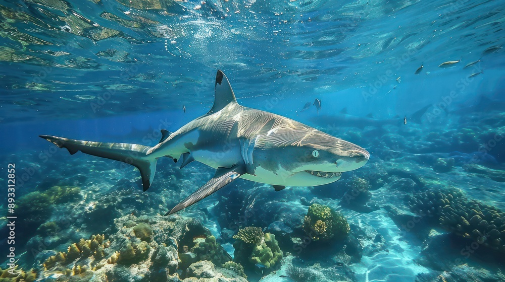 Fototapeta premium Swimming sharks under water 