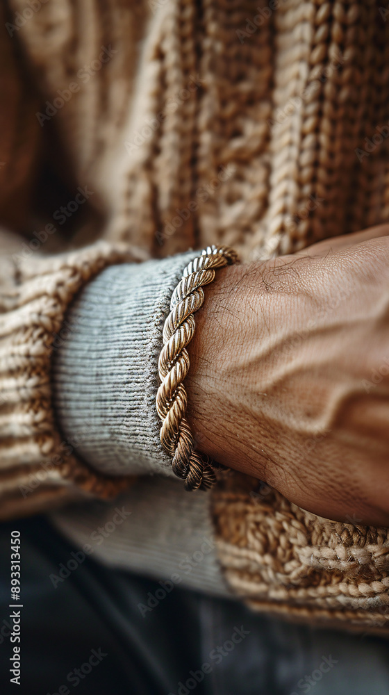 Fototapeta premium close-up shot of a tan-skinned man's wrist wearing a tight-fitting silver metal rope bracelet, needs to be the exact one like the refrence picture, focus on the bracelet, minimalist and sophisticated 