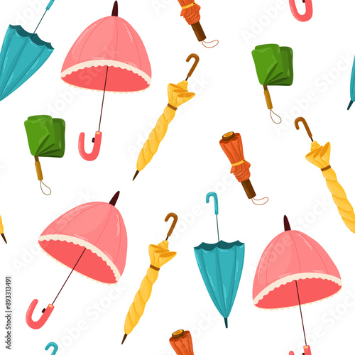 Umbrellas, seamless pattern, endless background. Rain weather accessories, open and closed, repeating print, texture design for textile, fabric, wrapping. Printable repeatable flat vector illustration