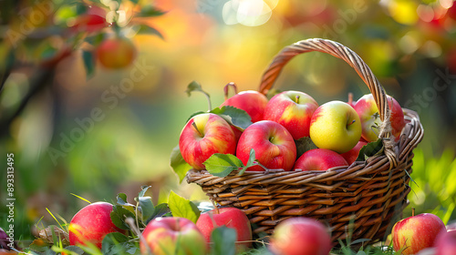 A basket of fresh ripe apples with an apple orchard in the background. Generative AI illustration 