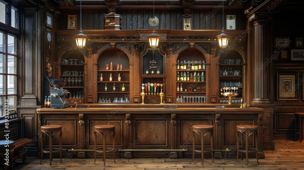 Obraz premium Traditional British Style Bar Interior with Wooden Pane