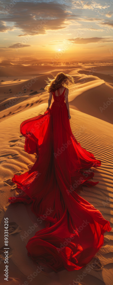 a girl in a red dress with a long train running through the dunes of the Sahara desert at sunset,generative ai