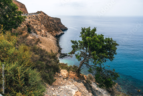 Playa Calahonda beach, rocks and sea in Mijas Costa del Sol in Andalusia, southern Spain