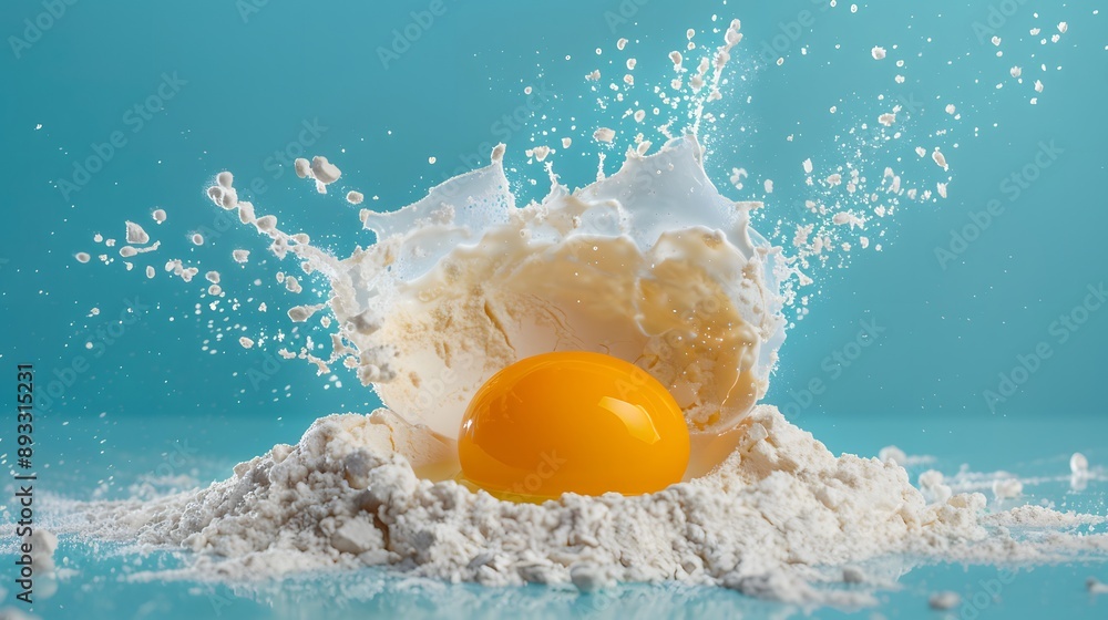 A cracked egg is sitting on a pile of flour A cracked egg is sitting on a pile of flour