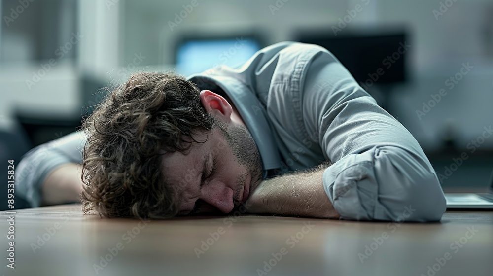 A Man Laying on a Wooden Table With His Head in His Hands and His Eyes Closed - Generative AI A Man Laying on a Wooden Table With His Head in His Hands and His Eyes Closed - Generative AI