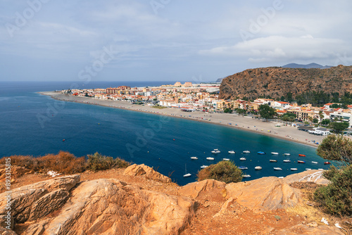 Cuadro en lienzo Playa Calahonda beach, rocks and sea in Mijas Costa del Sol in Andalusia, southe