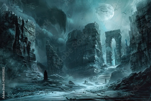 Mystical ruins in a moonlit landscape with a mysterious figure