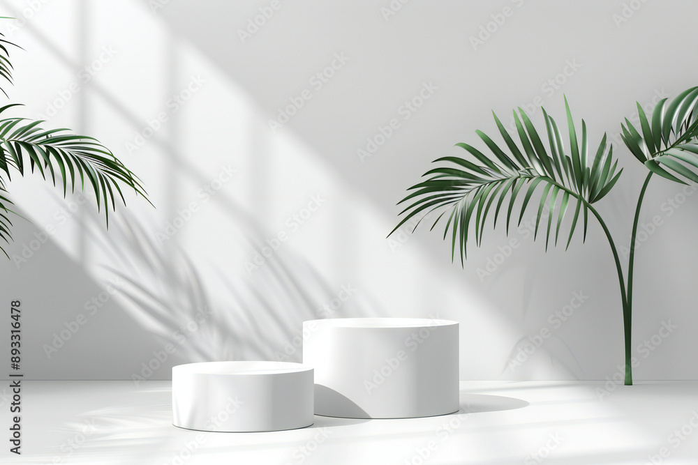 Minimalist White Podium with Palm Leaf Shadows, Modern Abstract Decor Minimalist White Podium with Palm Leaf Shadows, Modern Abstract Decor