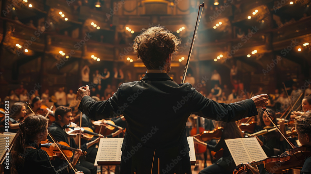 Obraz premium man, 40 years, he is conducting an entire orchestra of teenagers on a theater scene, generative ai