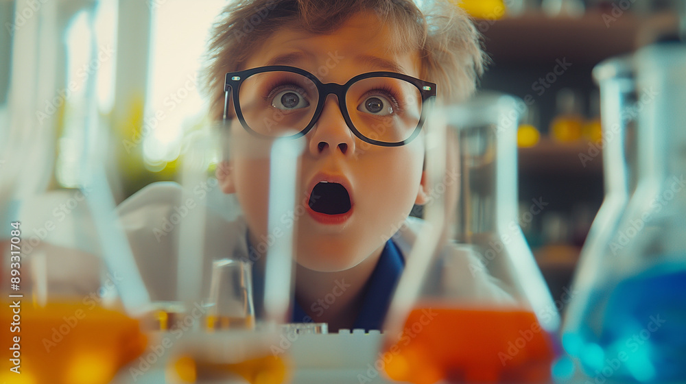 School Lab Discovery with Surprised Scientist Child School Lab Discovery with Surprised Scientist Child