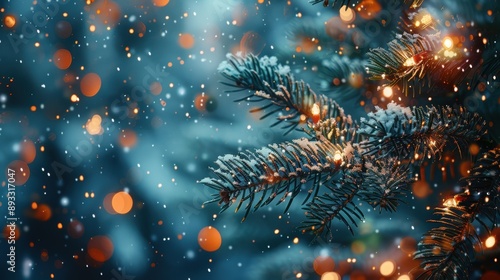 Close-up of a Christmas tree branch covered in snow and adorned with warm, glowing lights, creating a festive atmosphere. © tashechka