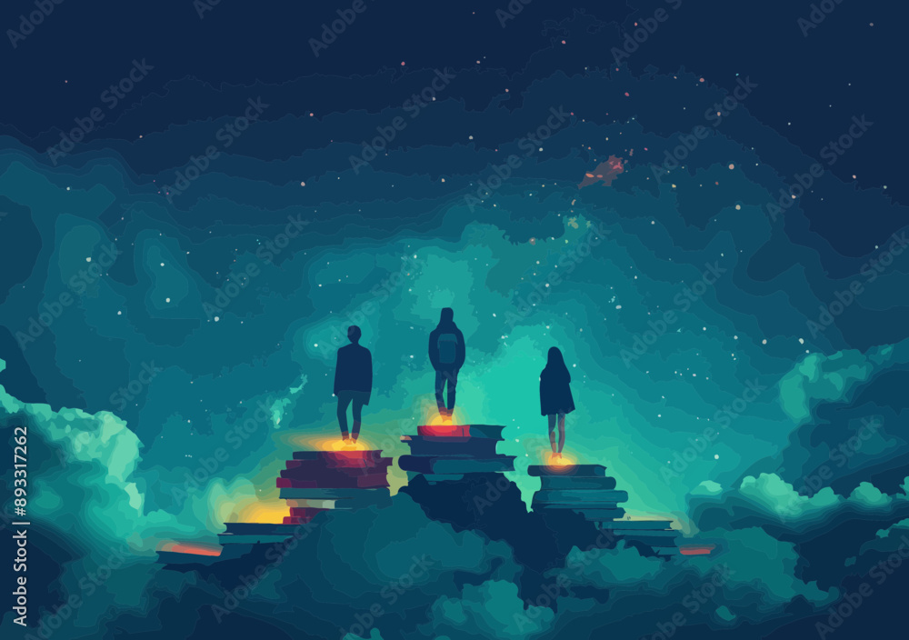 People Standing on Stacks of Books in a Night Sky Setting, Symbolizing Steps to Knowledge and Education, Vector Illustration, Minimalistic Design, Starry Background, Concept of Learning and Growth People Standing on Stacks of Books in a Night Sky Setting, Symbolizing Steps to Knowledge and Education, Vector Illustration, Minimalistic Design, Starry Background, Concept of Learning and Growth