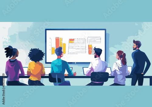 Diverse Business Team in Modern Classroom Setting Engaged in Presentation and Learning Session, Minimalistic Vector Illustration, Educational Workplace Environment with Teacher