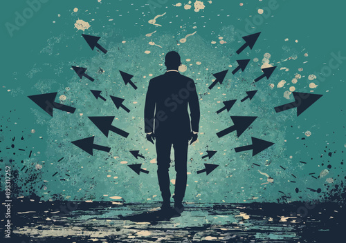 Businessman Facing Multiple Directions Arrows Concept of Uncertainty and Decision-Making Challenges in Business, Vector Illustration Minimalist Style