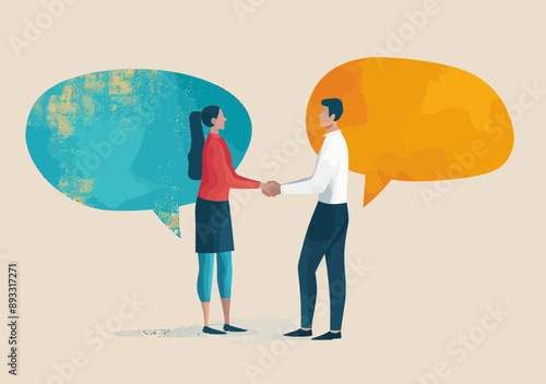 Business Agreement Vector Illustration, Minimalistic Design of Couple Shaking Hands, Symbolizing Compromise and Deal in Speech Bubbles, Collaborative Concept Art