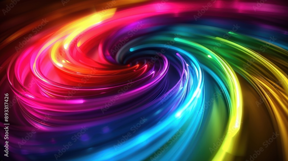 Fototapeta premium Vibrant neon swirl of rainbow colors creating an abstract and dynamic background, ideal for artistic and creative projects.
