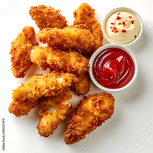 Freshly prepared chicken nuggest along with sauces to eat with your hands
