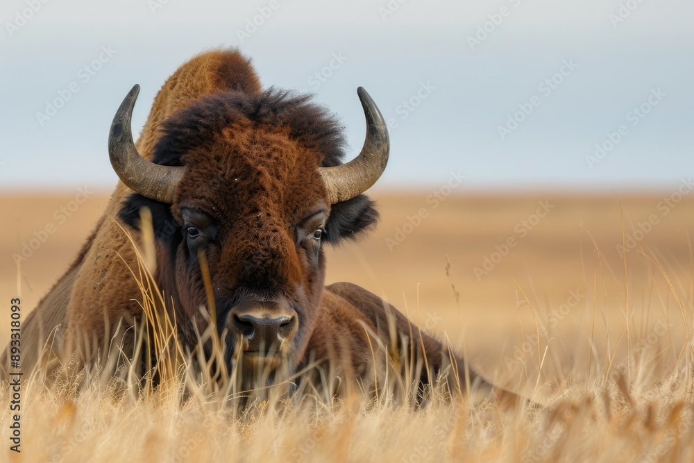 An American Bison lifts its massive head above the grasses An American Bison lifts its massive head above the grasses