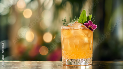 levate Your Evening: A Tropical Rum Cocktail Garnished with Fresh Herbs and Exotic Flowers, Perfect for Adding a Touch of Paradise to Your Luxurious Summer Nights and Celebrations photo