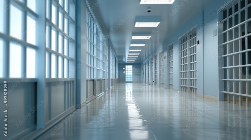 Empty prison hallway with cells on both sides, daytime. Empty prison hallway with cells on both sides, daytime.