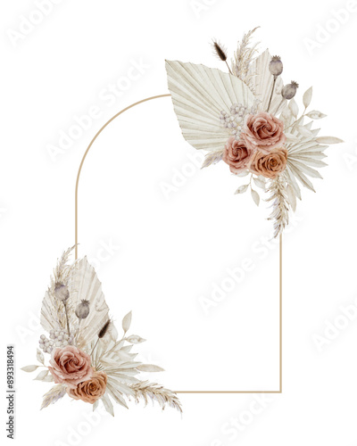 Bohemian rustic arch with dried floral arrangement, watercolor floral arch background