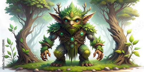 A greenskinned creature stands in a forest surrounded by trees photo